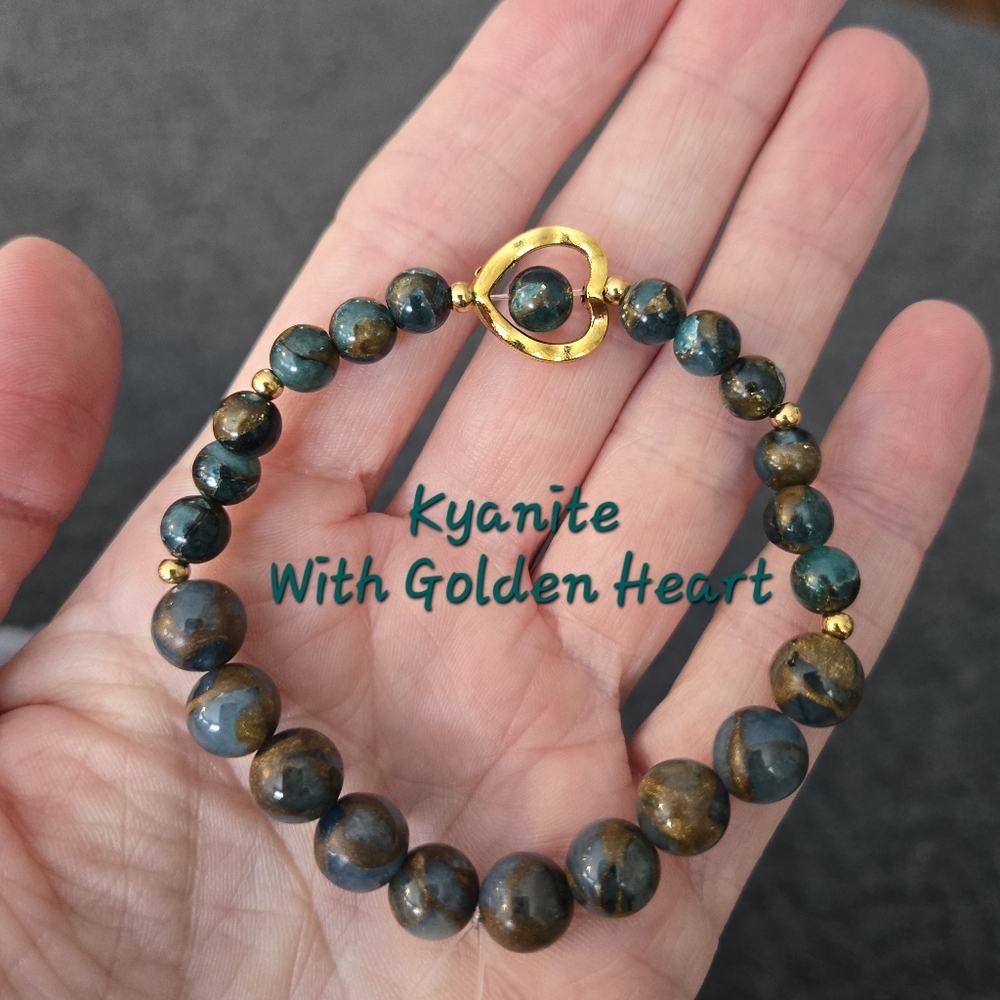 Handmade Kyanite Beaded Bracelet With Golden Accents Giftable One Of A Kind